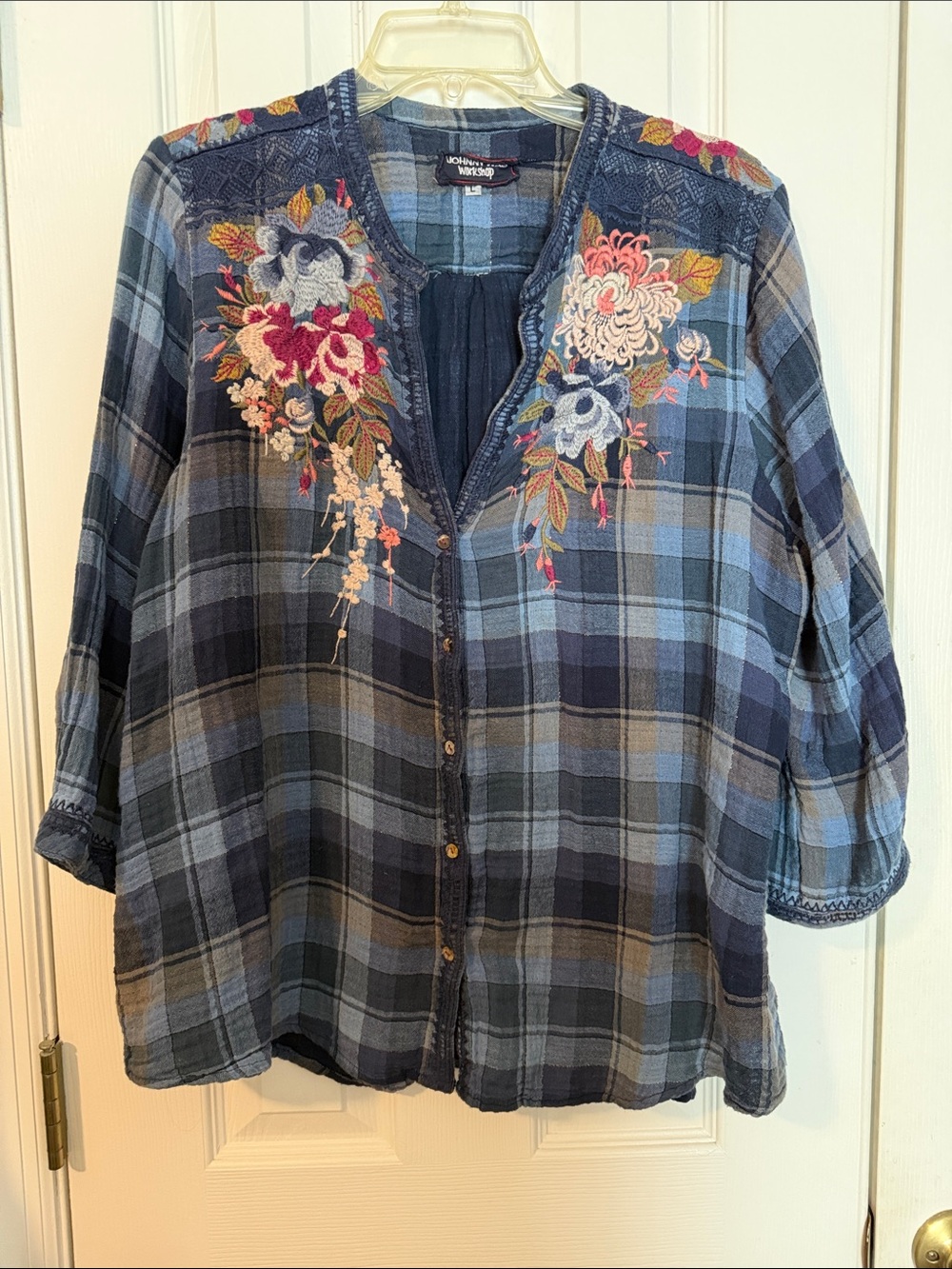 Johnny Was Navy and Light Blue Plaid Embroidered Shirt